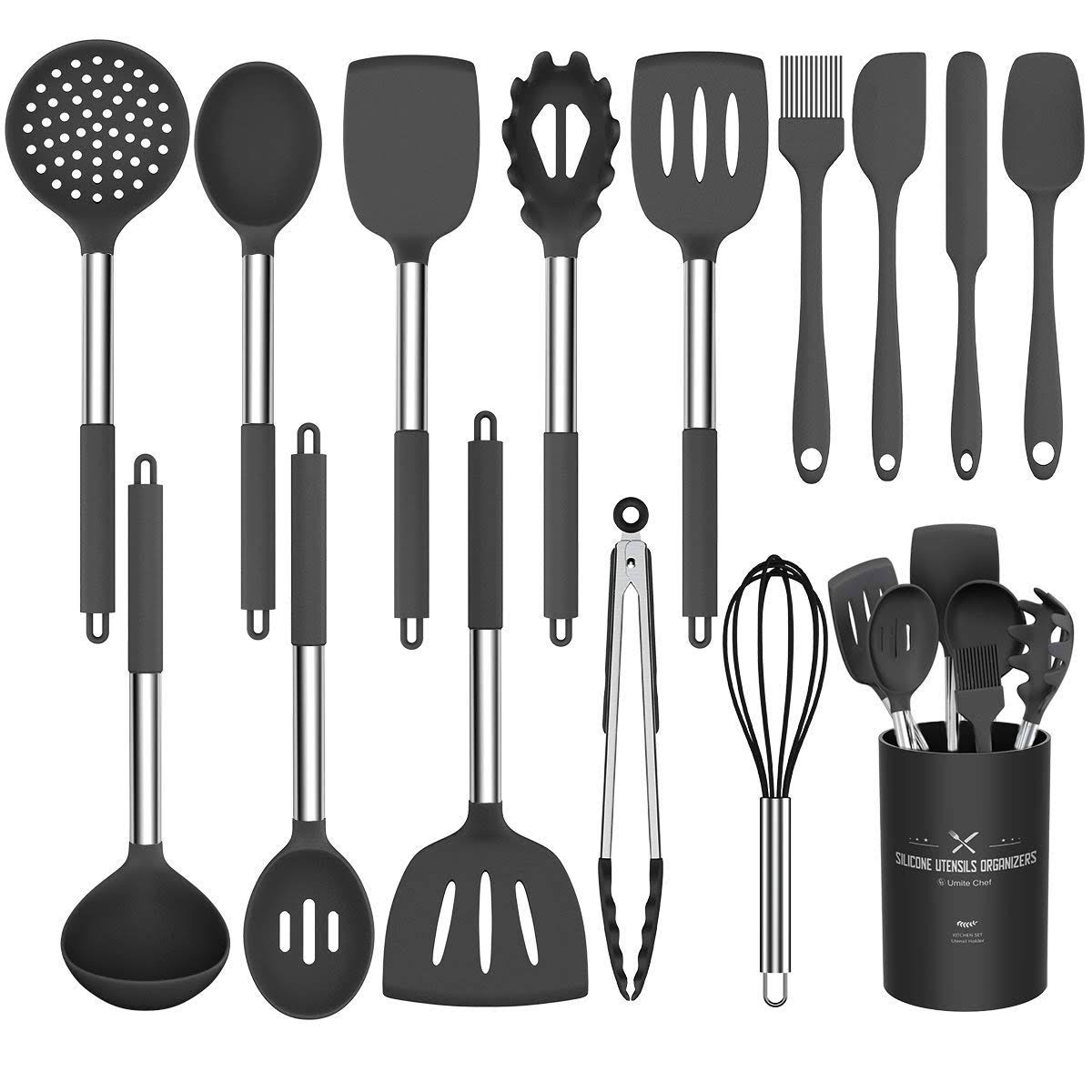 Silicone Cooking Utensil Set, Umite Chef 15pcs Silicone Cooking Kitchen Utensils Set, Non Stick Best Kitchen Cookware with Stainless Steel Handle