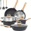 Non Stick 12 POTS and Pans Set, Cookware Set, Including Frying Pan, Steamer, Silicone Spatula and Tongs Granite Cooking Set (Black)