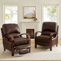 Set of 2 Alex Mid Century Modern Genuine Leather Manual Recliners with Curved Wooden Arms