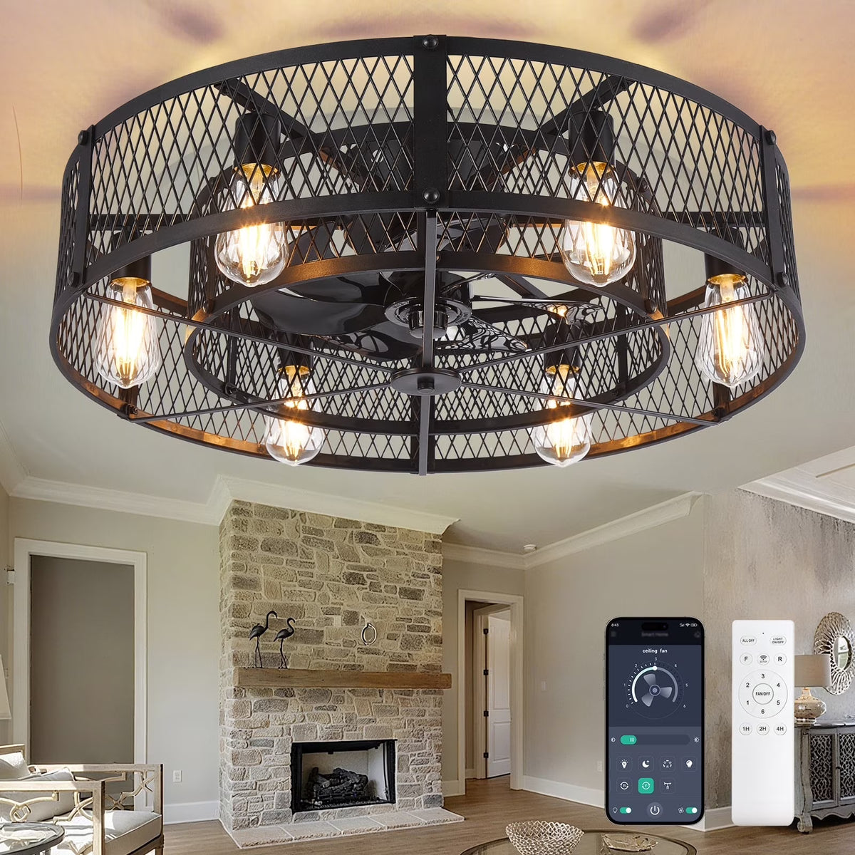 26 Inch Farmhouse Caged Ceiling Fan with Light, Remote & APP Control Quiet DC Motor E26 Bulbs Included Black